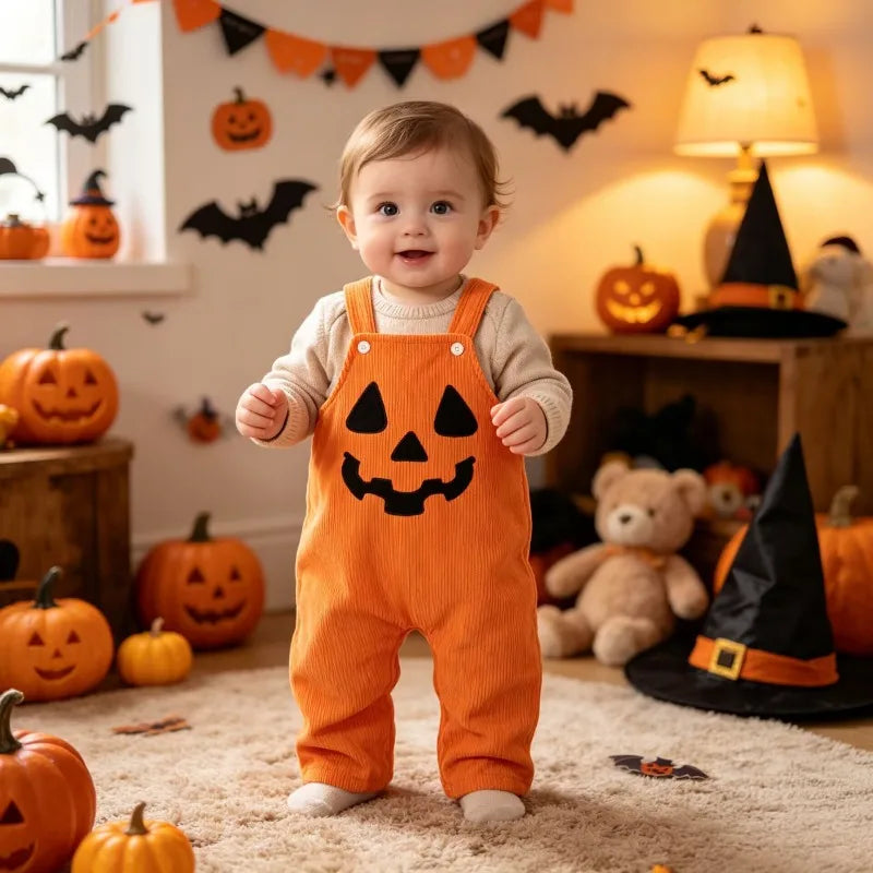 Salopette bébé citrouille en velours côtelé, déguisement Halloween – vue 1