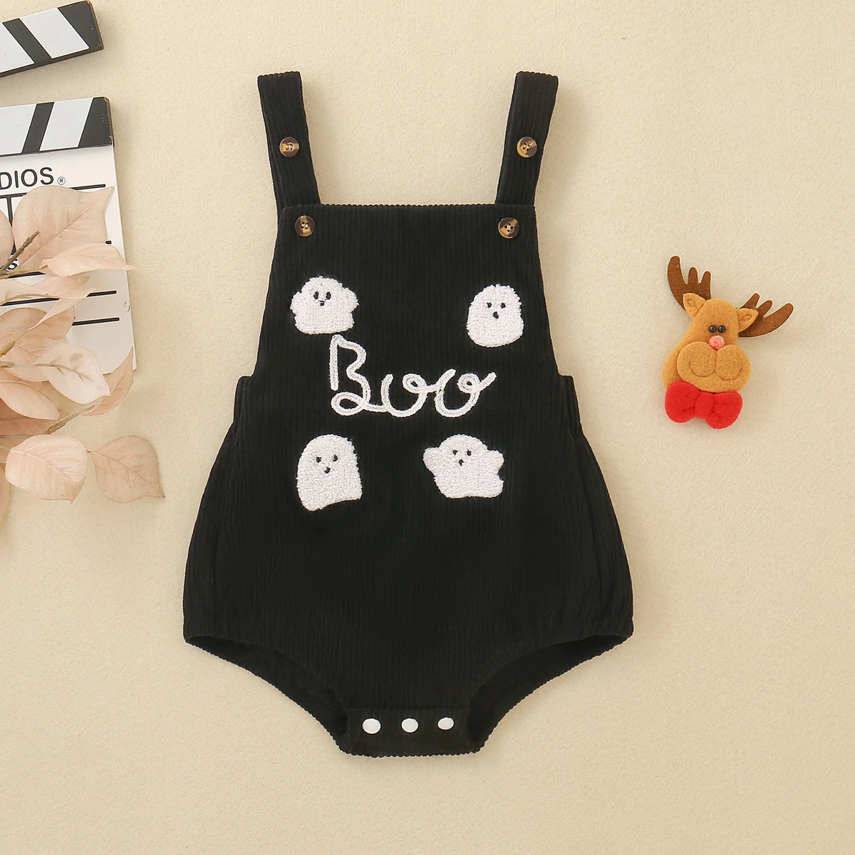 Salopette bébé velours brodée fantôme Boo, Halloween – vue 1